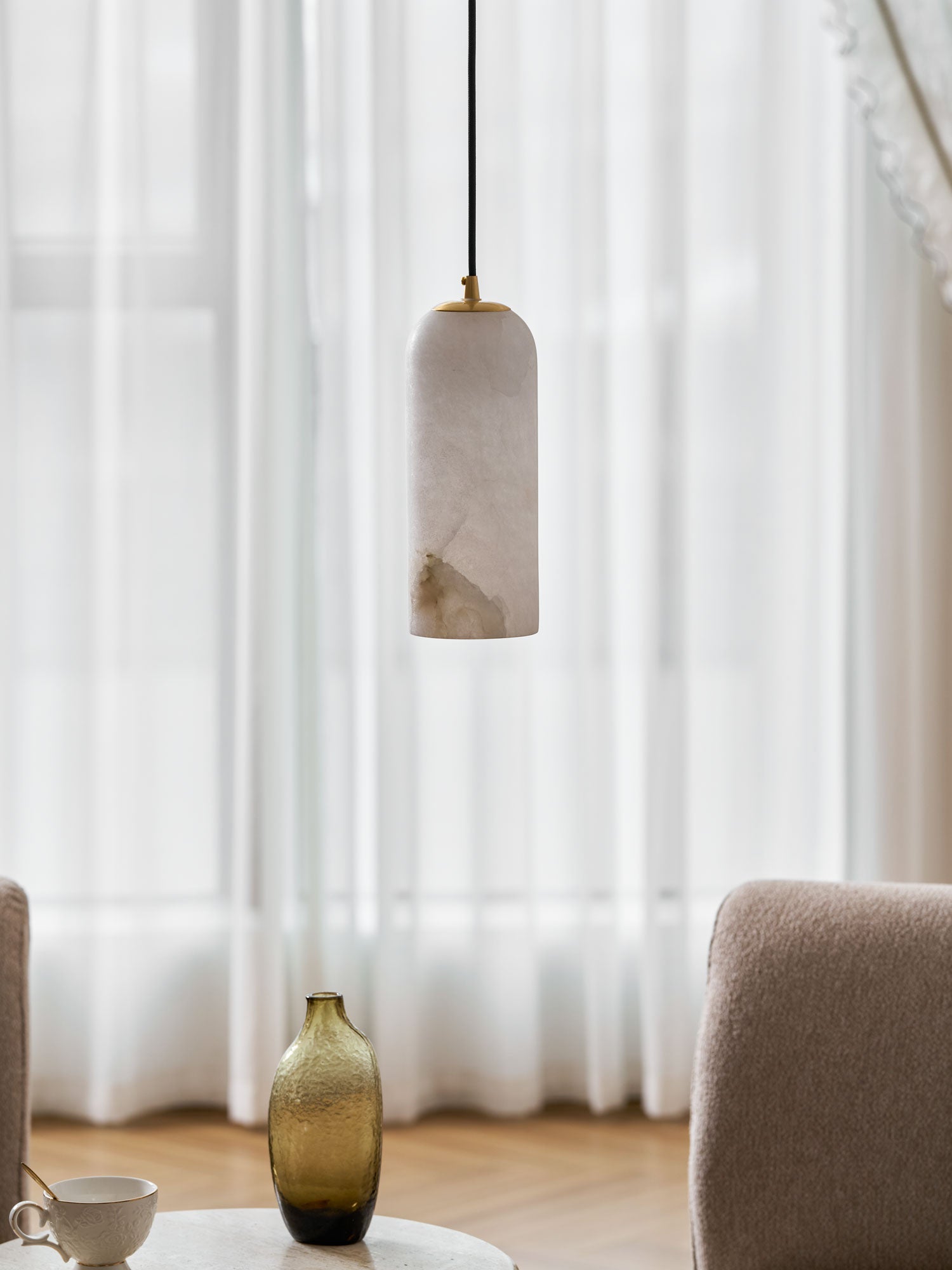 Alabaster Pendant Lamp with Braided Cord | Natural Stone Lighting from Single Light to 21-Light Cluster | Mid-Century Modern Style Dining Room Pendant Lamp with E12/E14 Fitting - Lamylie