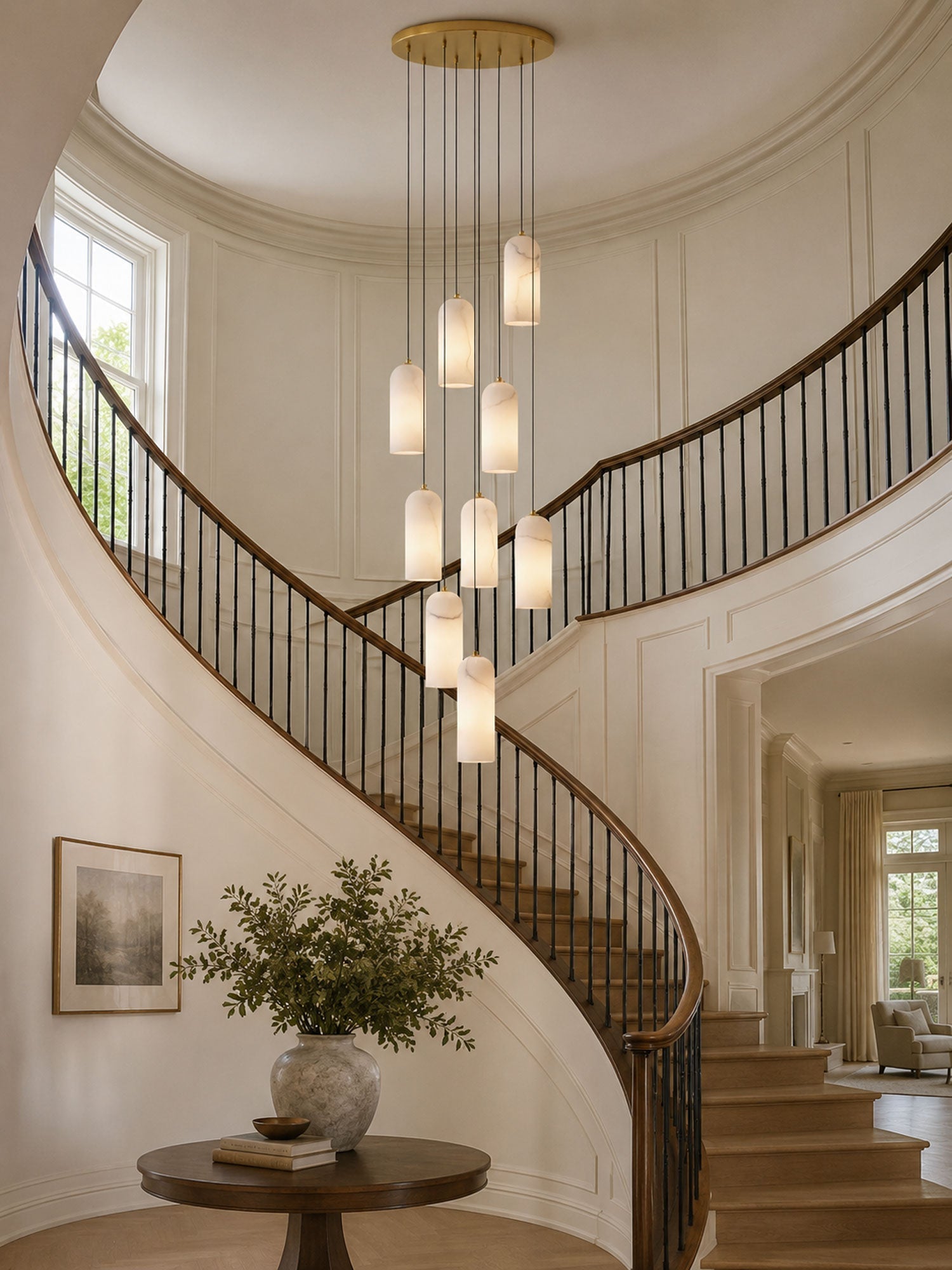 Alabaster Pendant Lamp with Braided Cord | Natural Stone Lighting from Single Light to 21-Light Cluster | Mid-Century Modern Style Dining Room Pendant Lamp with E12/E14 Fitting - Lamylie
