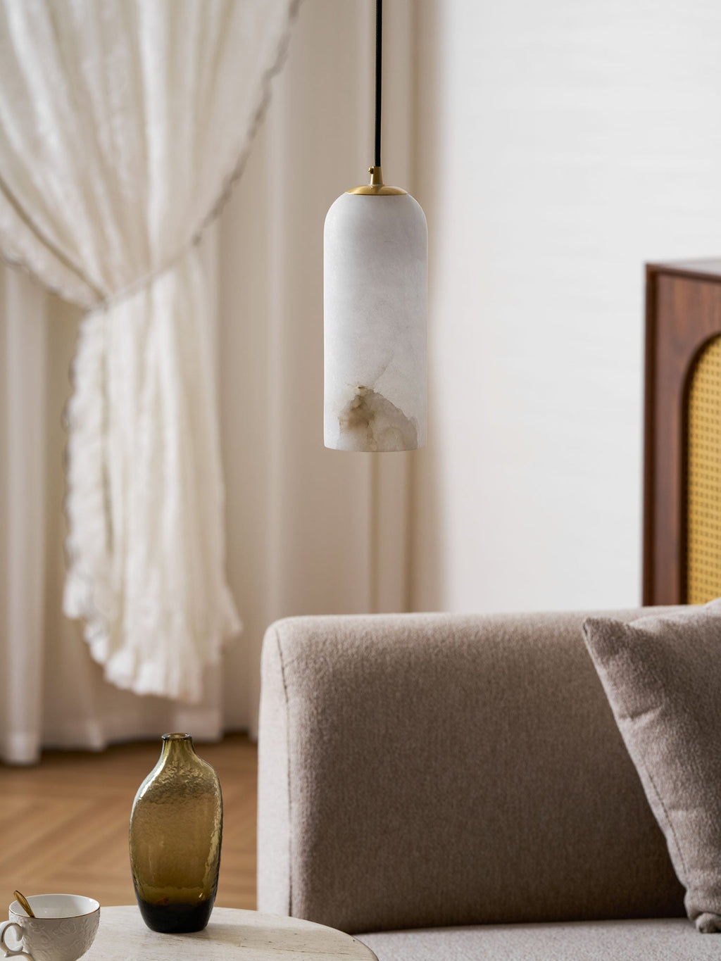 Alabaster Pendant Lamp with Braided Cord | Natural Stone Lighting from Single Light to 21-Light Cluster | Mid-Century Modern Style Dining Room Pendant Lamp with E12/E14 Fitting - Lamylie