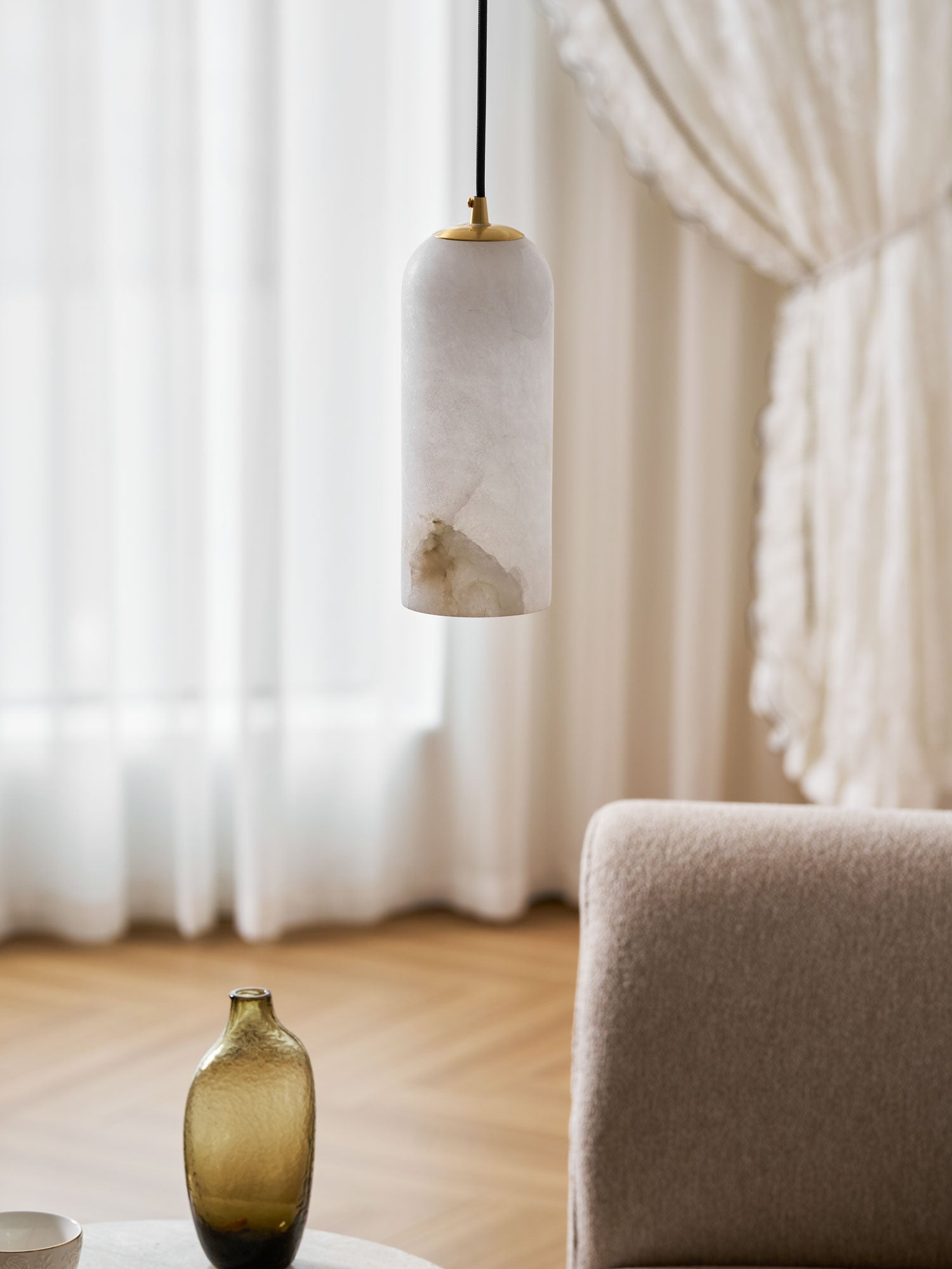 Alabaster Pendant Lamp with Braided Cord | Natural Stone Lighting from Single Light to 21-Light Cluster | Mid-Century Modern Style Dining Room Pendant Lamp with E12/E14 Fitting - Lamylie