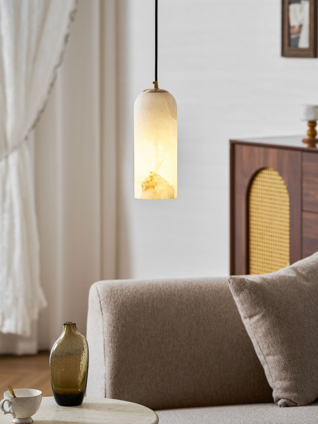 Alabaster Pendant Lamp with Braided Cord | Natural Stone Lighting from Single Light to 21-Light Cluster | Mid-Century Modern Style Dining Room Pendant Lamp with E12/E14 Fitting - Lamylie