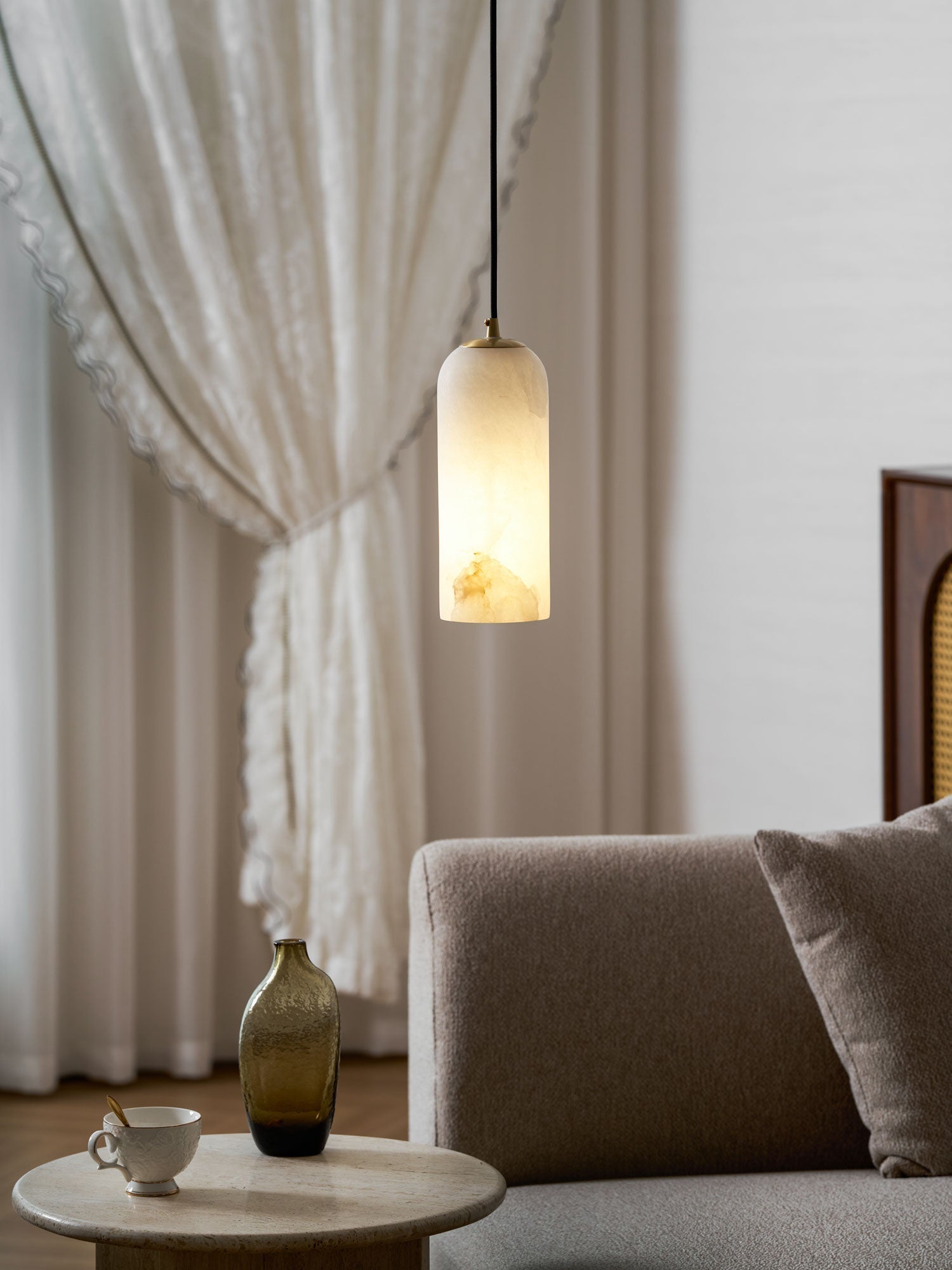 Alabaster Pendant Lamp with Braided Cord | Natural Stone Lighting from Single Light to 21-Light Cluster | Mid-Century Modern Style Dining Room Pendant Lamp with E12/E14 Fitting - Lamylie