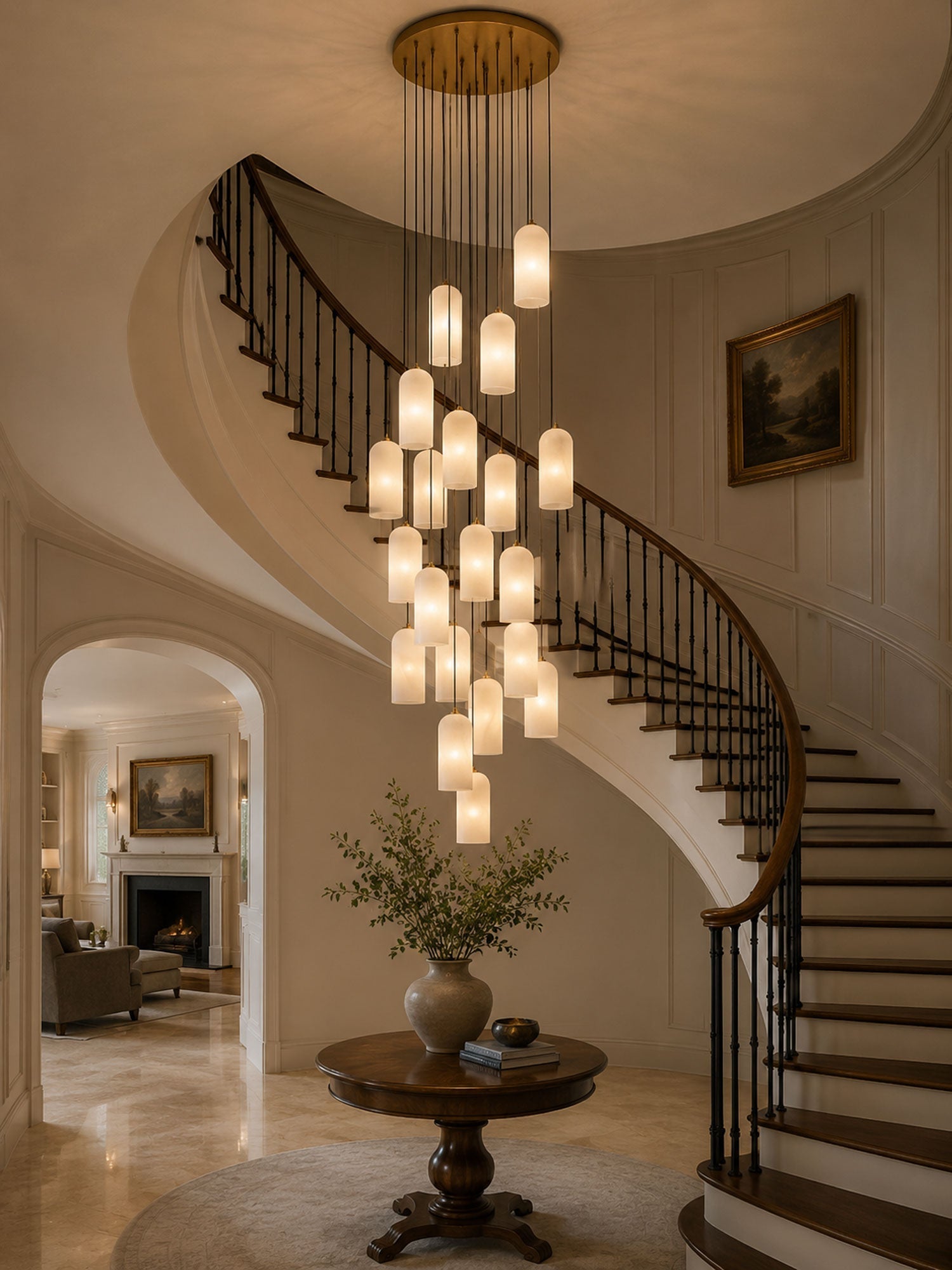 Alabaster Pendant Lamp with Braided Cord | Natural Stone Lighting from Single Light to 21-Light Cluster | Mid-Century Modern Style Dining Room Pendant Lamp with E12/E14 Fitting - Lamylie