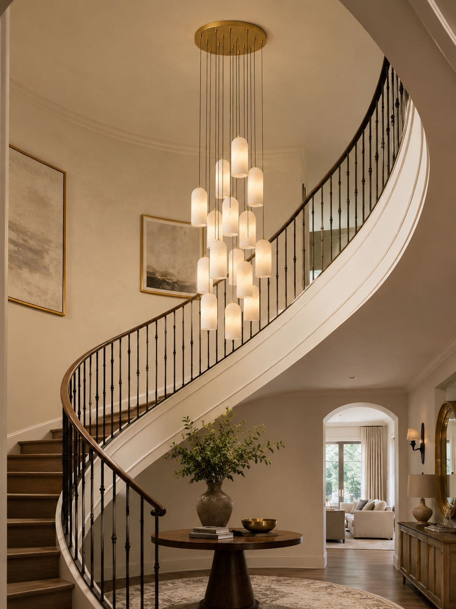 Alabaster Pendant Lamp with Braided Cord | Natural Stone Lighting from Single Light to 21-Light Cluster | Mid-Century Modern Style Dining Room Pendant Lamp with E12/E14 Fitting - Lamylie