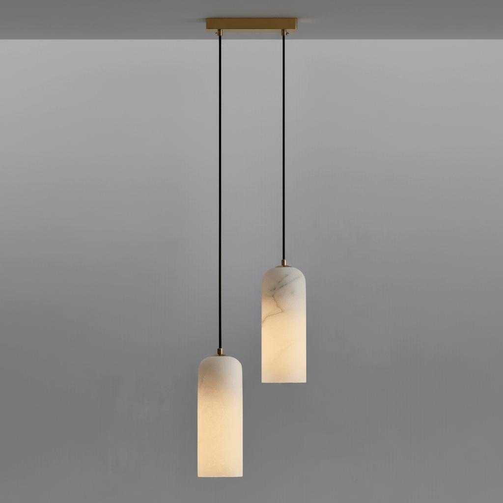 Alabaster Pendant Lamp with Braided Cord | Natural Stone Lighting from Single Light to 21-Light Cluster | Mid-Century Modern Style Dining Room Pendant Lamp with E12/E14 Fitting - Lamylie