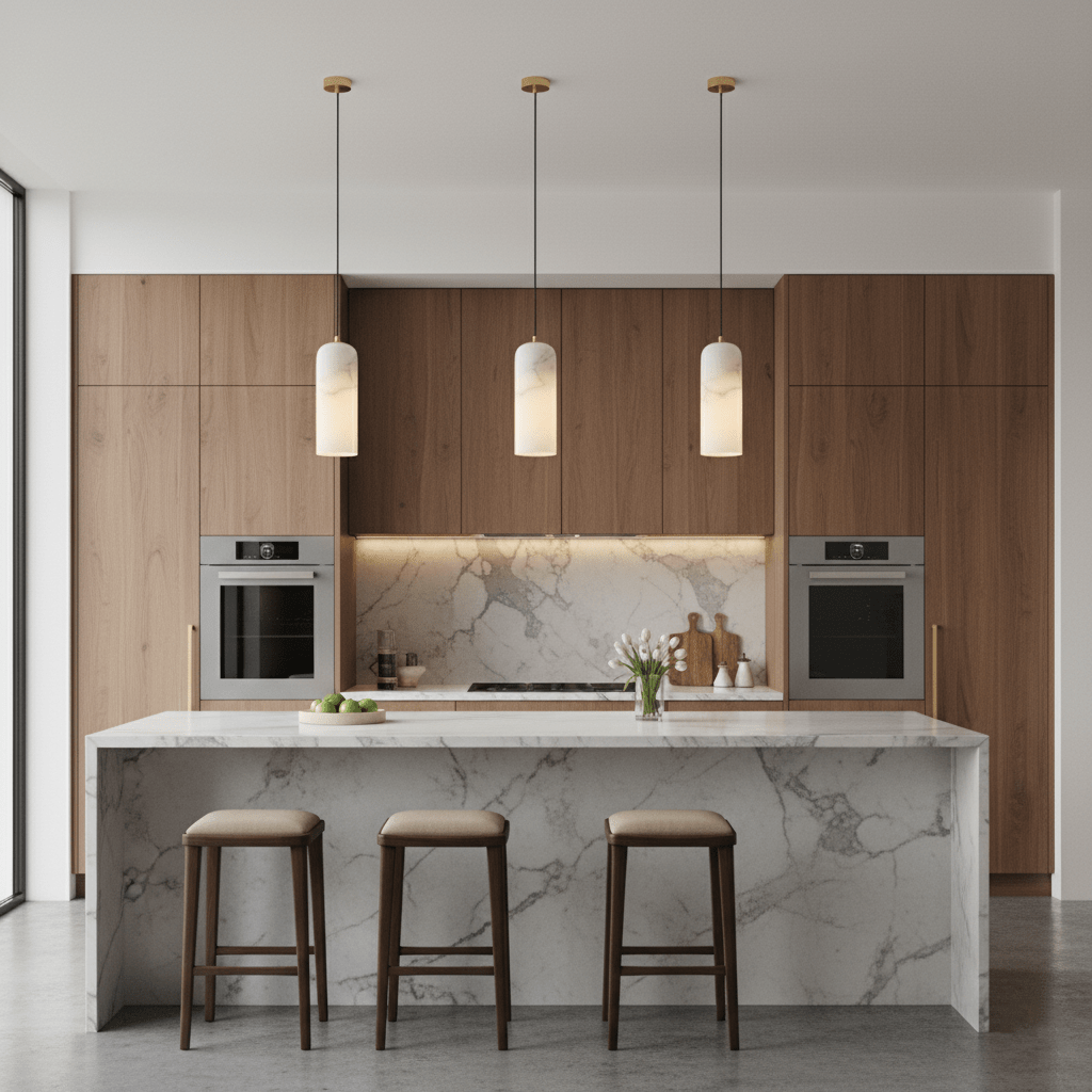 Alabaster Pendant Lamp with Braided Cord | Natural Stone Lighting from Single Light to 21-Light Cluster | Mid-Century Modern Style Dining Room Pendant Lamp with E12/E14 Fitting - Lamylie