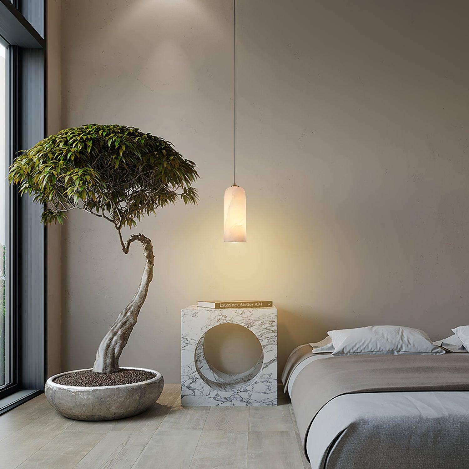 Alabaster Pendant Lamp with Braided Cord | Natural Stone Lighting from Single Light to 21-Light Cluster | Mid-Century Modern Style Dining Room Pendant Lamp with E12/E14 Fitting - Lamylie
