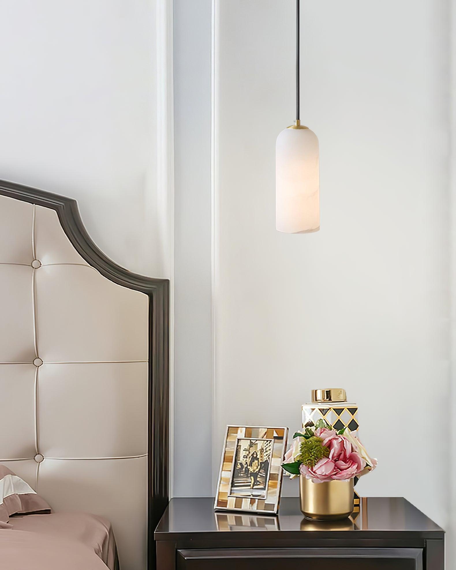 Alabaster Pendant Lamp with Braided Cord | Natural Stone Lighting from Single Light to 21-Light Cluster | Mid-Century Modern Style Dining Room Pendant Lamp with E12/E14 Fitting - Lamylie