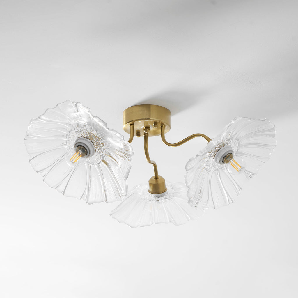 Glas-Deckenlampe mit Blattmotiv | 3, 5 oder 6 Lichtpunkte | Goldene Fassung mit Klarem oder Rosa Mattglas - Lamylie