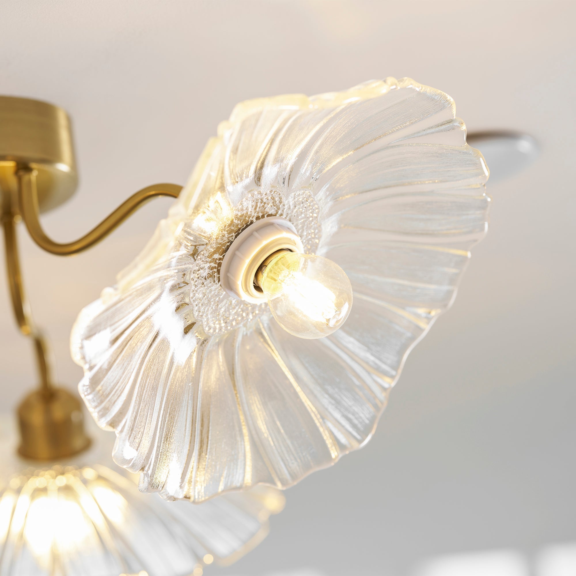 Glas-Deckenlampe mit Blattmotiv | 3, 5 oder 6 Lichtpunkte | Goldene Fassung mit Klarem oder Rosa Mattglas - Lamylie