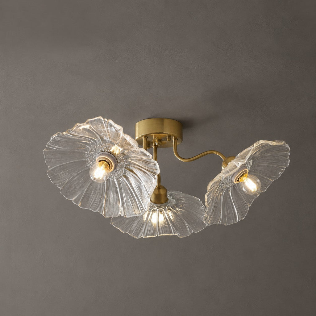 Glas-Deckenlampe mit Blattmotiv | 3, 5 oder 6 Lichtpunkte | Goldene Fassung mit Klarem oder Rosa Mattglas - Lamylie