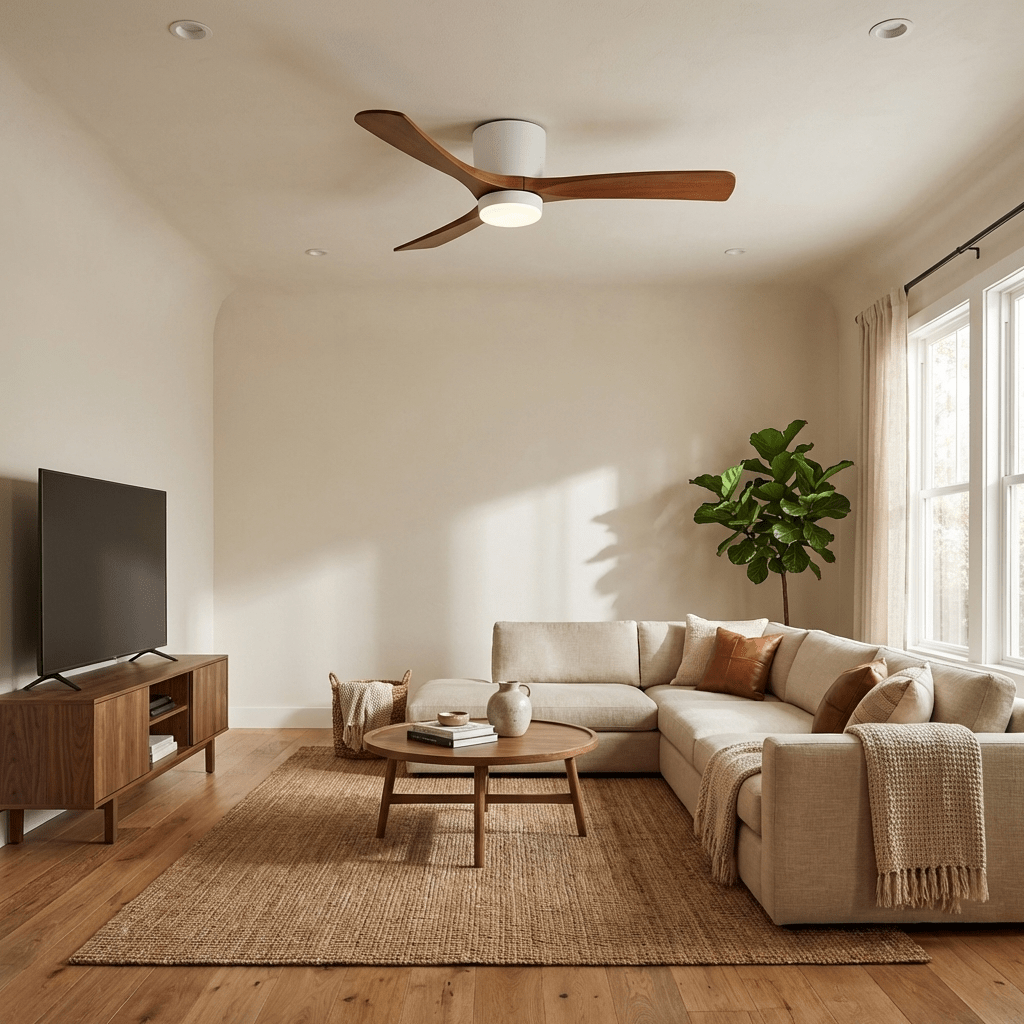 Ventilateur de plafond avec éclairage, design scandinave en bois, 106/122/132 cm, à intensité variable avec télécommande, ventilateur de plafond avec lampe LED, pales en bois, salon, chambre, salle à manger – Lamylie