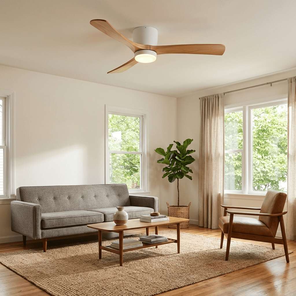 Ventilateur de plafond avec éclairage, design scandinave en bois, 106/122/132 cm, à intensité variable avec télécommande, ventilateur de plafond avec lampe LED, pales en bois, salon, chambre, salle à manger – Lamylie