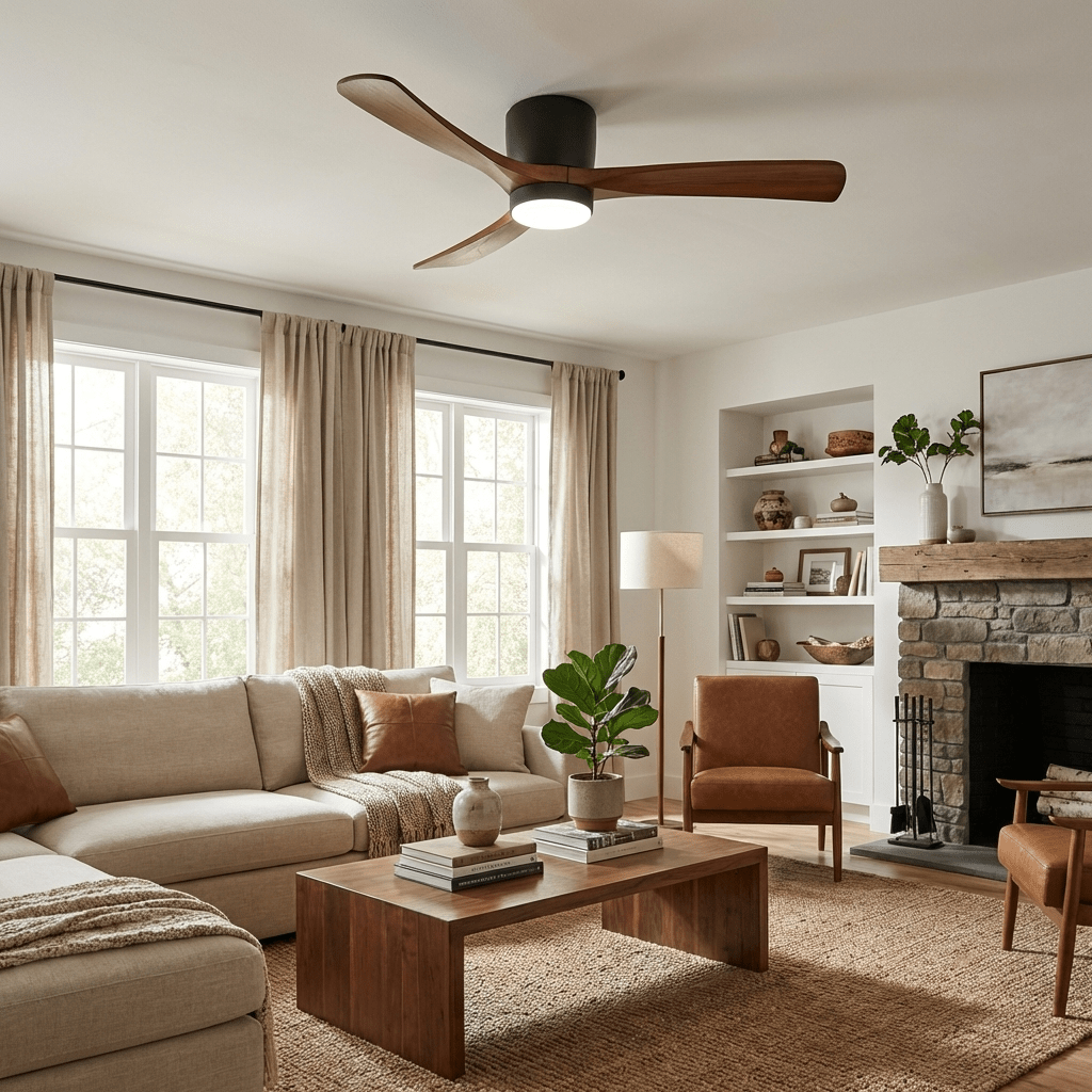 Ventilateur de plafond avec éclairage, design scandinave en bois, 106/122/132 cm, à intensité variable avec télécommande, ventilateur de plafond avec lampe LED, pales en bois, salon, chambre, salle à manger – Lamylie