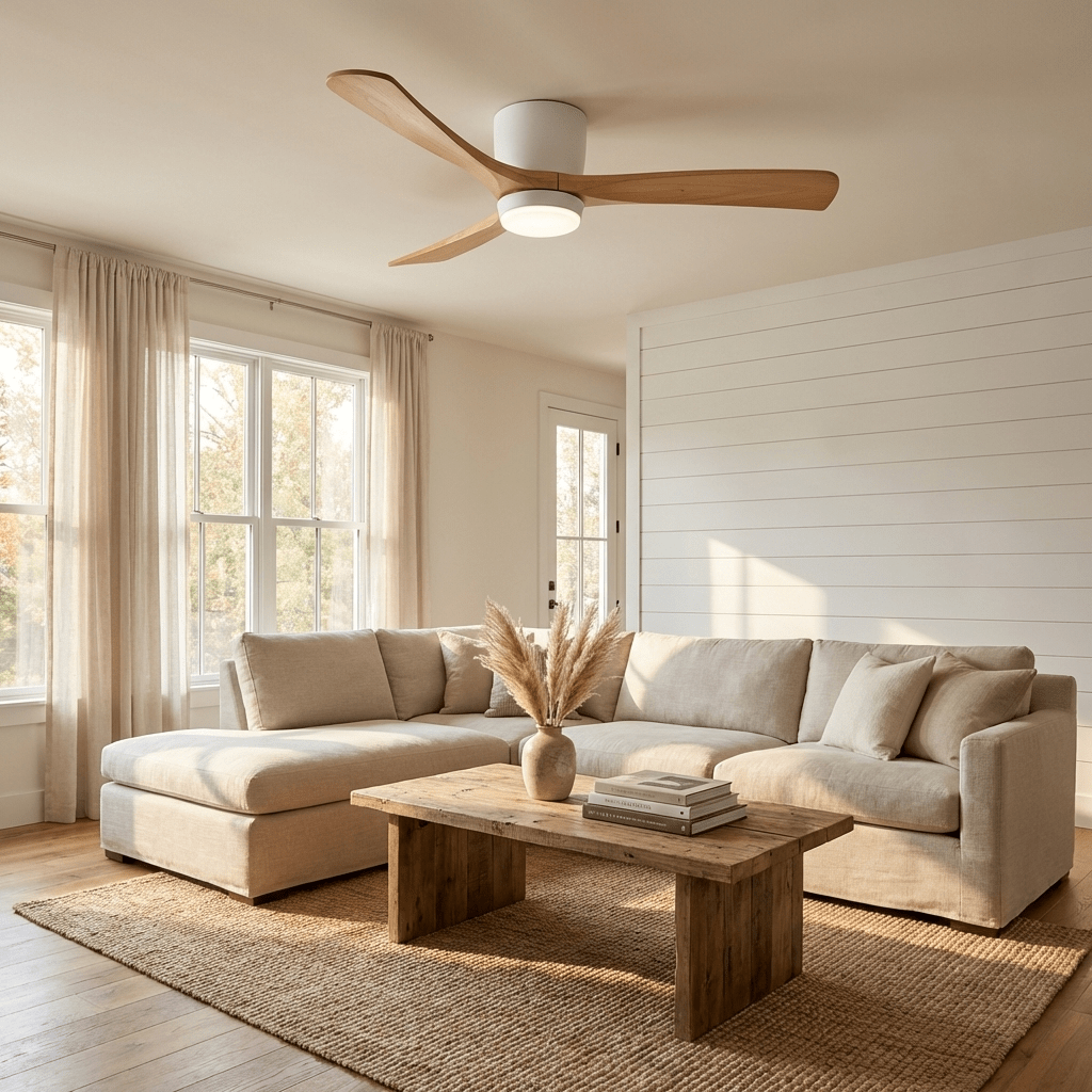 Ventilateur de plafond avec éclairage, design scandinave en bois, 106/122/132 cm, à intensité variable avec télécommande, ventilateur de plafond avec lampe LED, pales en bois, salon, chambre, salle à manger – Lamylie