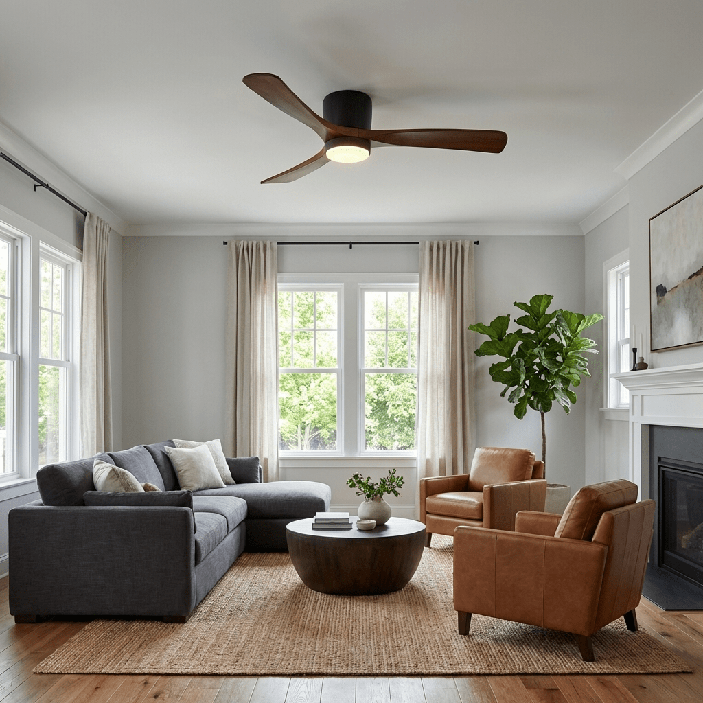 Ventilateur de plafond avec éclairage, design scandinave en bois, 106/122/132 cm, à intensité variable avec télécommande, ventilateur de plafond avec lampe LED, pales en bois, salon, chambre, salle à manger – Lamylie
