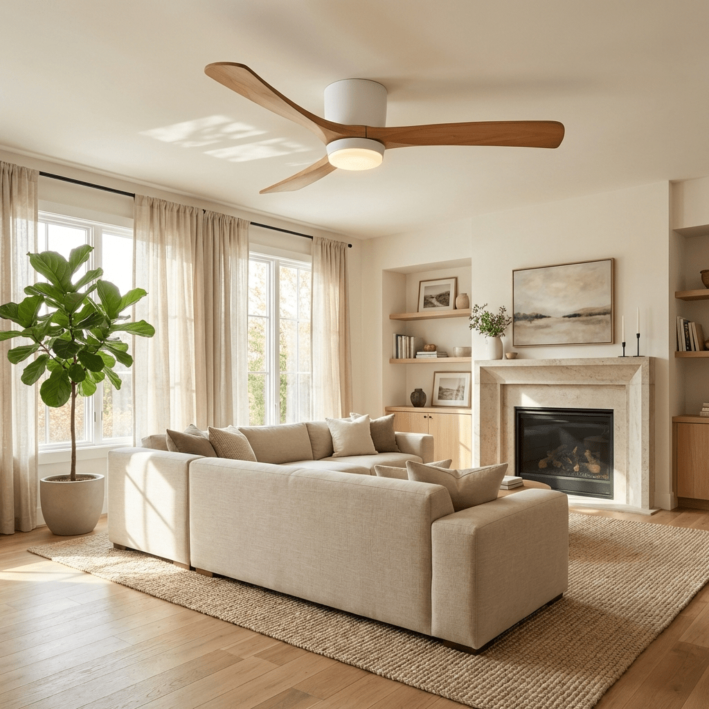Ventilateur de plafond avec éclairage, design scandinave en bois, 106/122/132 cm, à intensité variable avec télécommande, ventilateur de plafond avec lampe LED, pales en bois, salon, chambre, salle à manger – Lamylie