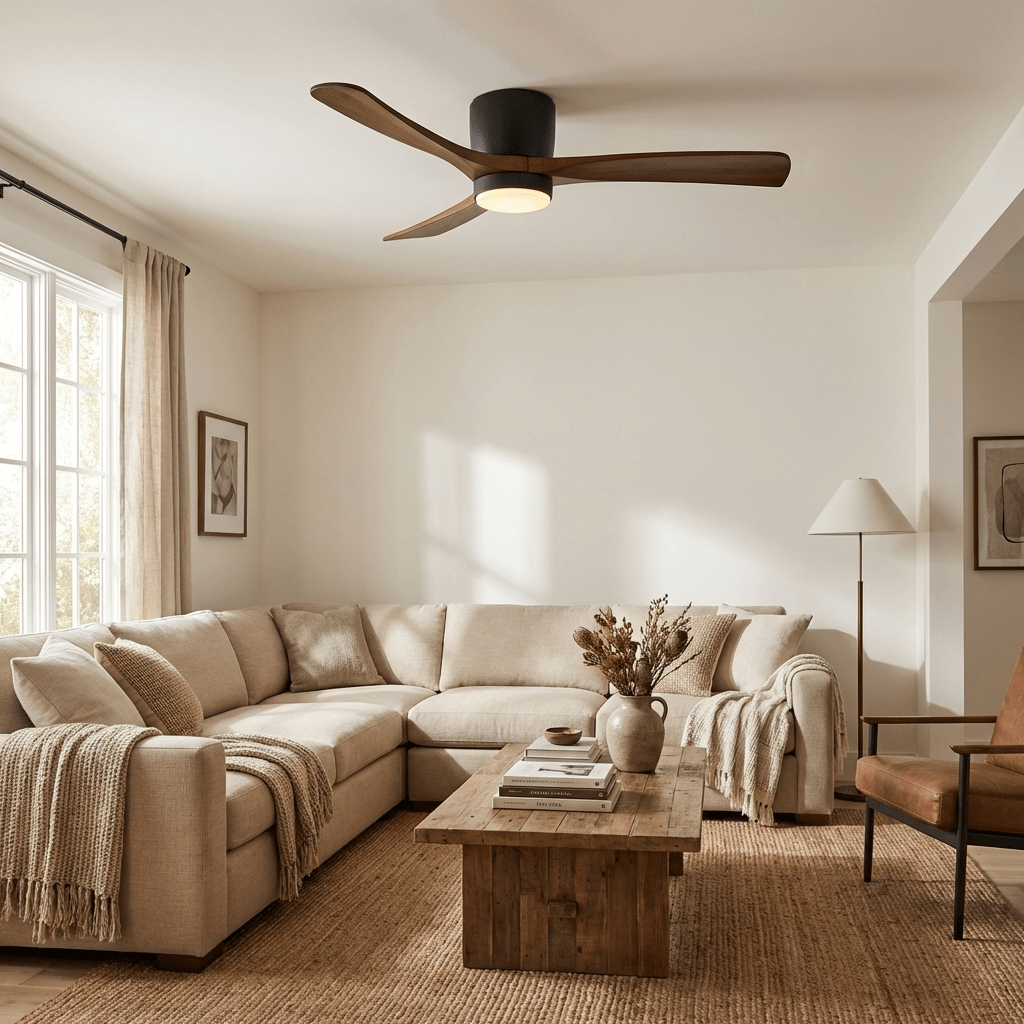 Ventilateur de plafond avec éclairage, design scandinave en bois, 106/122/132 cm, à intensité variable avec télécommande, ventilateur de plafond avec lampe LED, pales en bois, salon, chambre, salle à manger – Lamylie