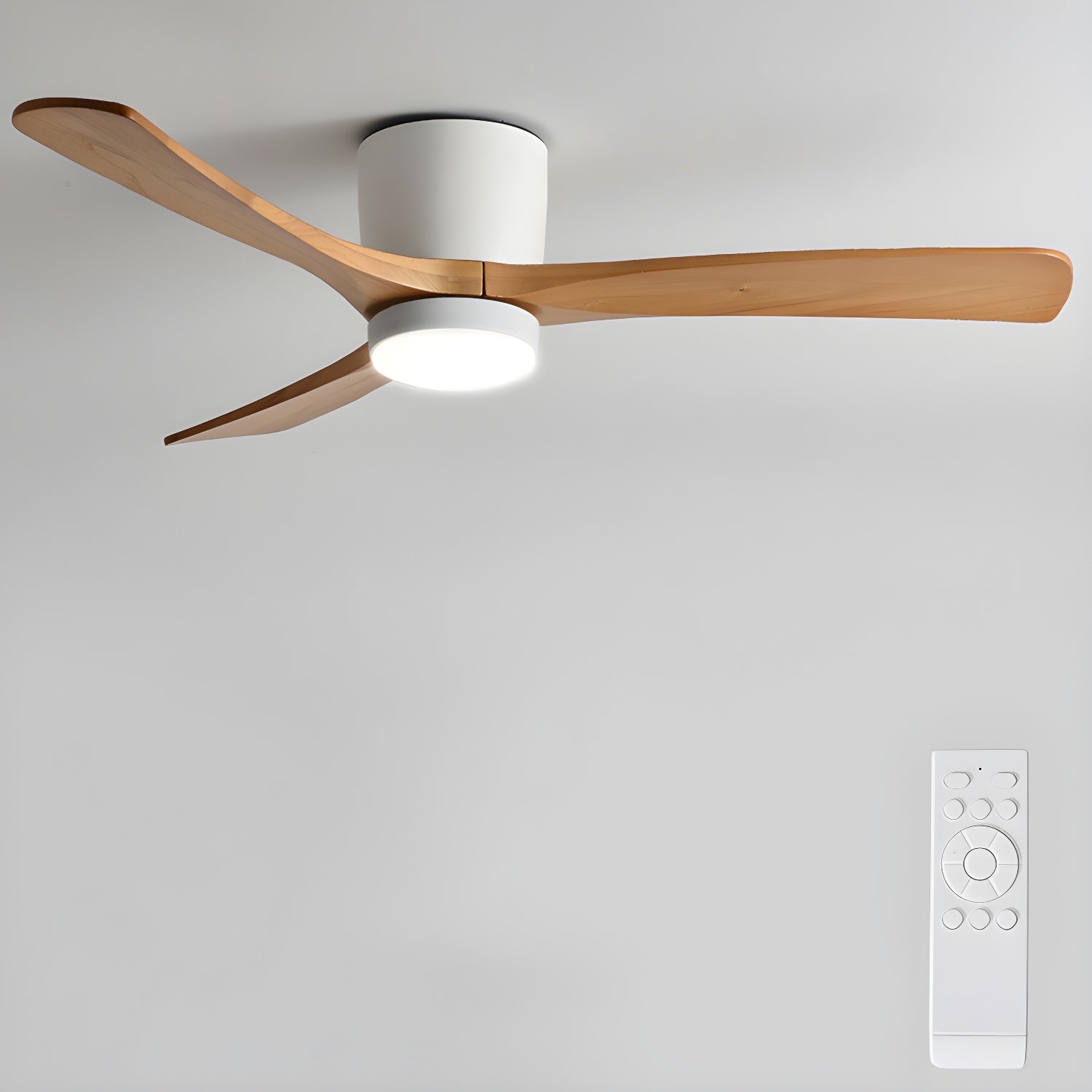 Ventilateur de plafond avec éclairage, design scandinave en bois, 106/122/132 cm, à intensité variable avec télécommande, ventilateur de plafond avec lampe LED, pales en bois, salon, chambre, salle à manger – Lamylie