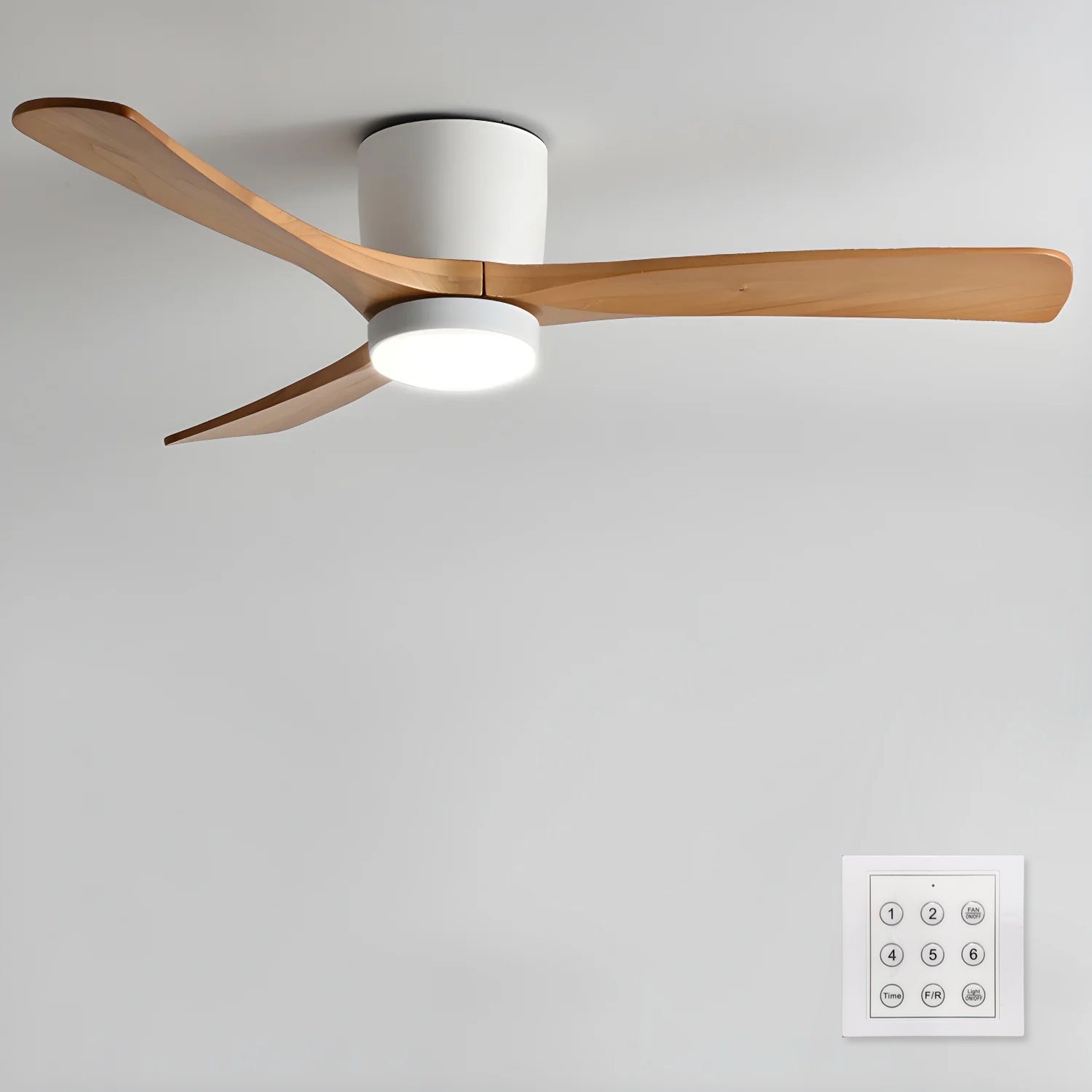 Ventilateur de plafond avec éclairage, design scandinave en bois, 106/122/132 cm, à intensité variable avec télécommande, ventilateur de plafond avec lampe LED, pales en bois, salon, chambre, salle à manger – Lamylie