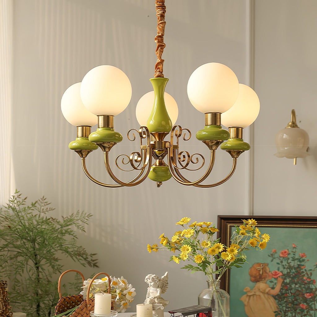 Chandelier with Green Glass Shades and Gold or Black Finish | Luxury Pendant Lamp in 3, 5 or 8 Light Points - Lamylie