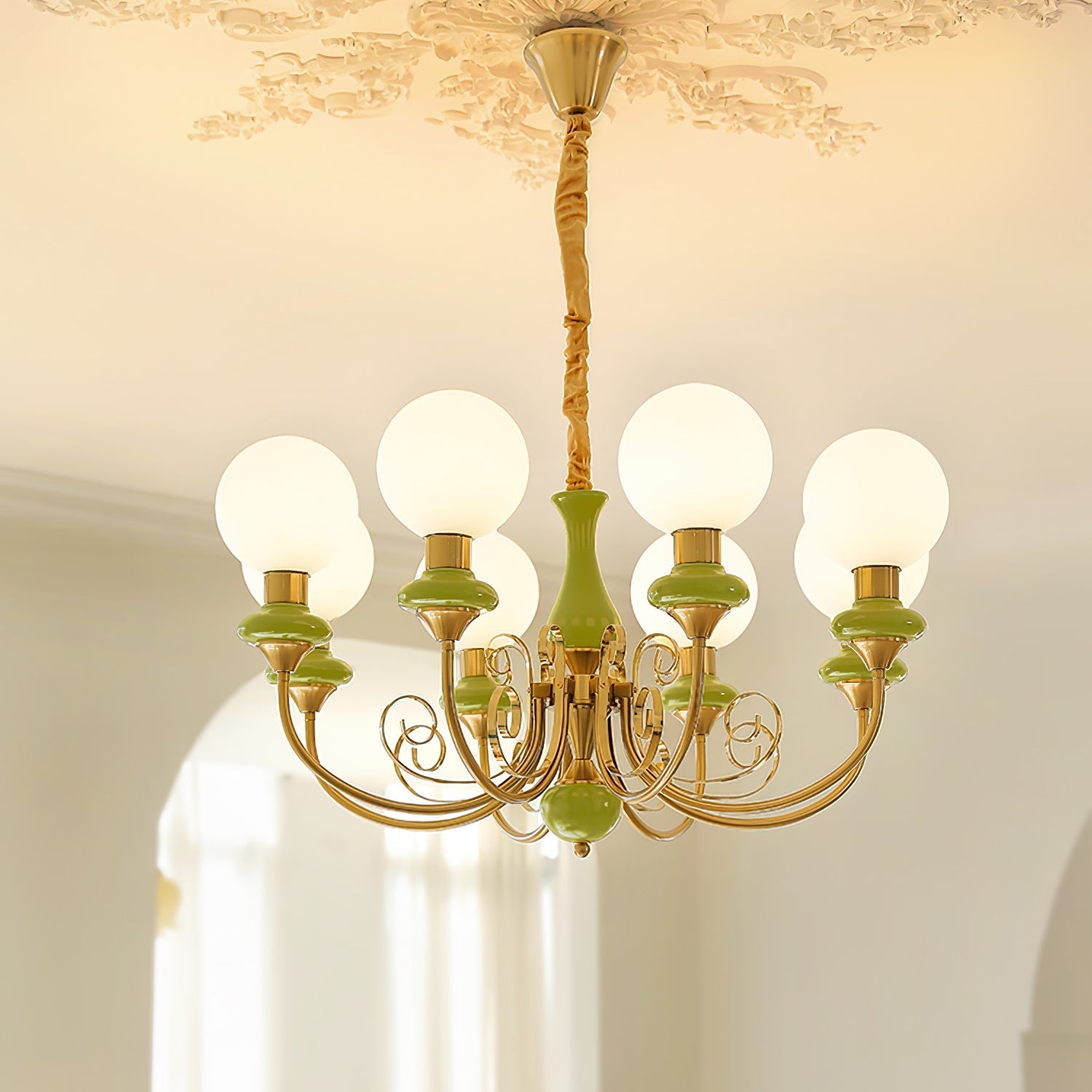 Chandelier with Green Glass Shades and Gold or Black Finish | Luxury Pendant Lamp in 3, 5 or 8 Light Points - Lamylie
