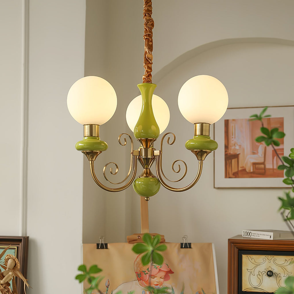 Chandelier with Green Glass Shades and Gold or Black Finish | Luxury Pendant Lamp in 3, 5 or 8 Light Points - Lamylie