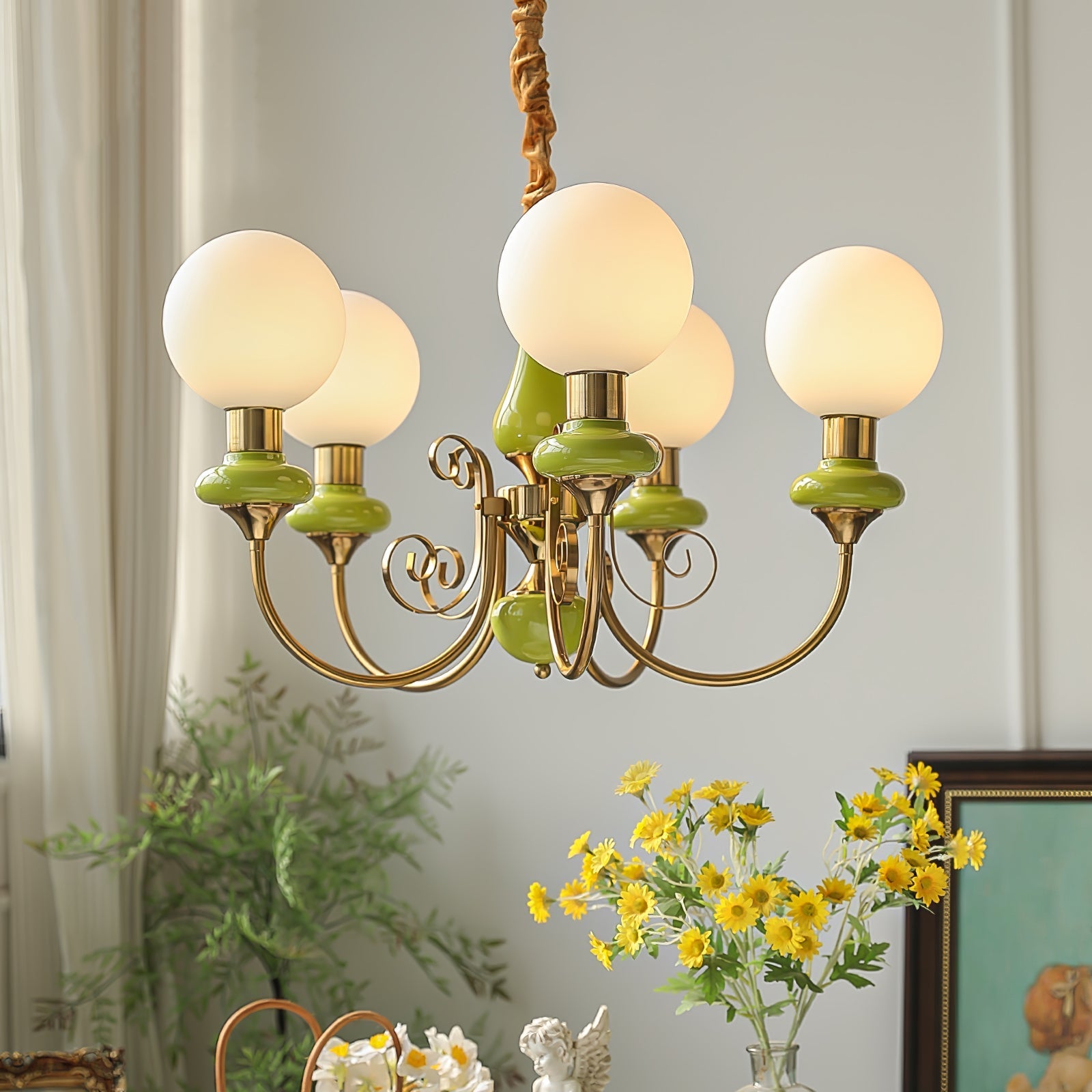 Chandelier with Green Glass Shades and Gold or Black Finish | Luxury Pendant Lamp in 3, 5 or 8 Light Points - Lamylie