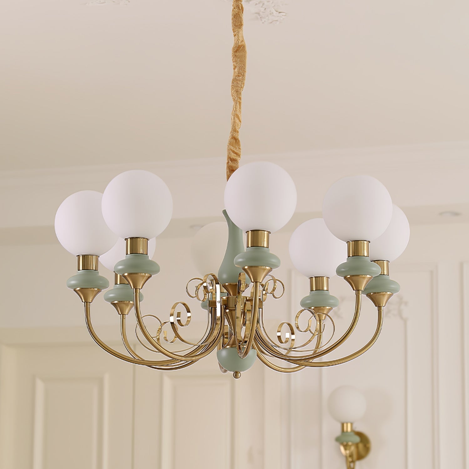 Chandelier with Green Glass Shades and Gold or Black Finish | Luxury Pendant Lamp in 3, 5 or 8 Light Points - Lamylie