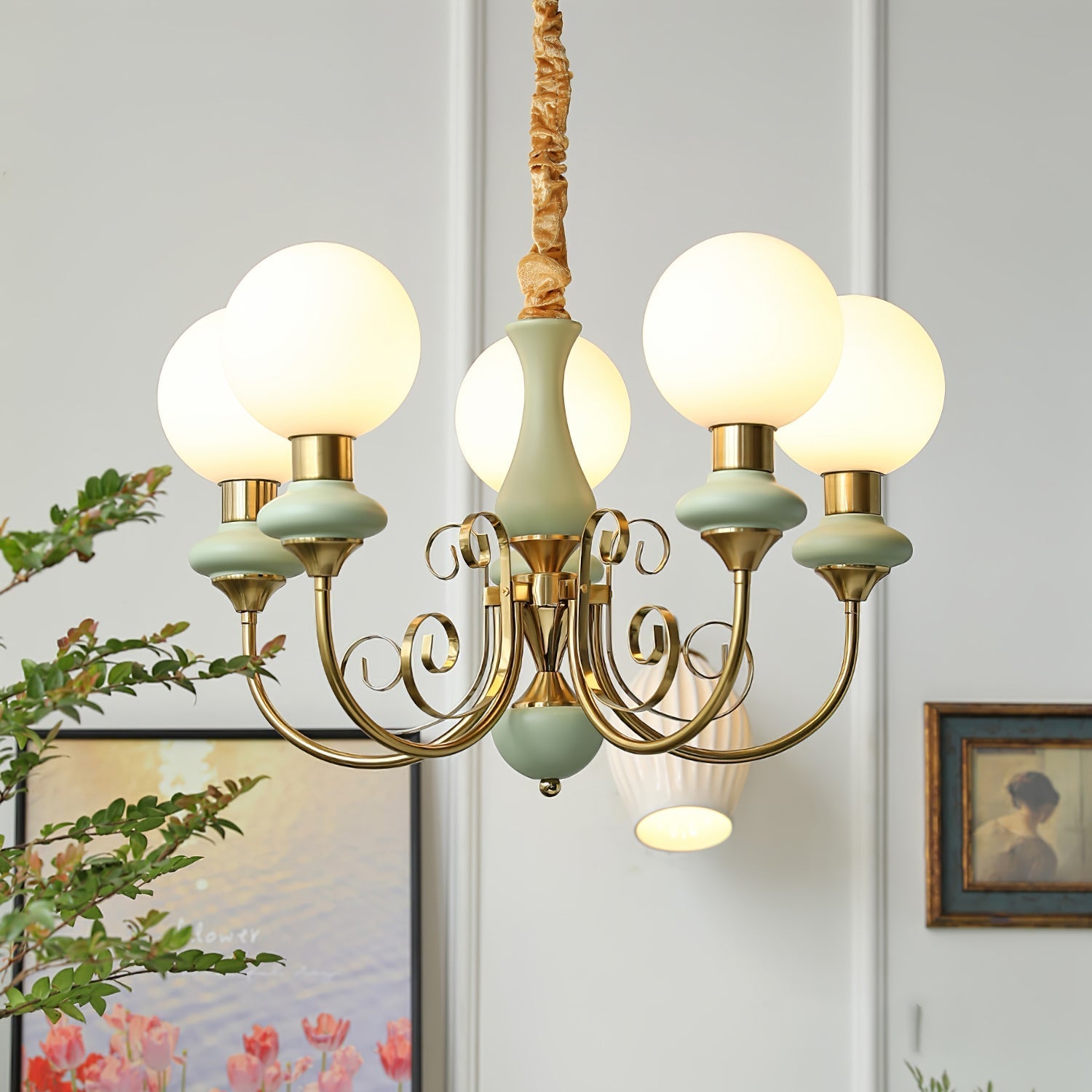 Chandelier with Green Glass Shades and Gold or Black Finish | Luxury Pendant Lamp in 3, 5 or 8 Light Points - Lamylie