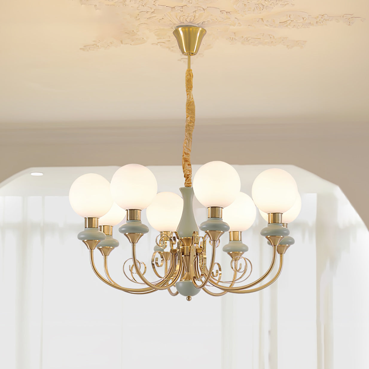 Chandelier with Green Glass Shades and Gold or Black Finish | Luxury Pendant Lamp in 3, 5 or 8 Light Points - Lamylie