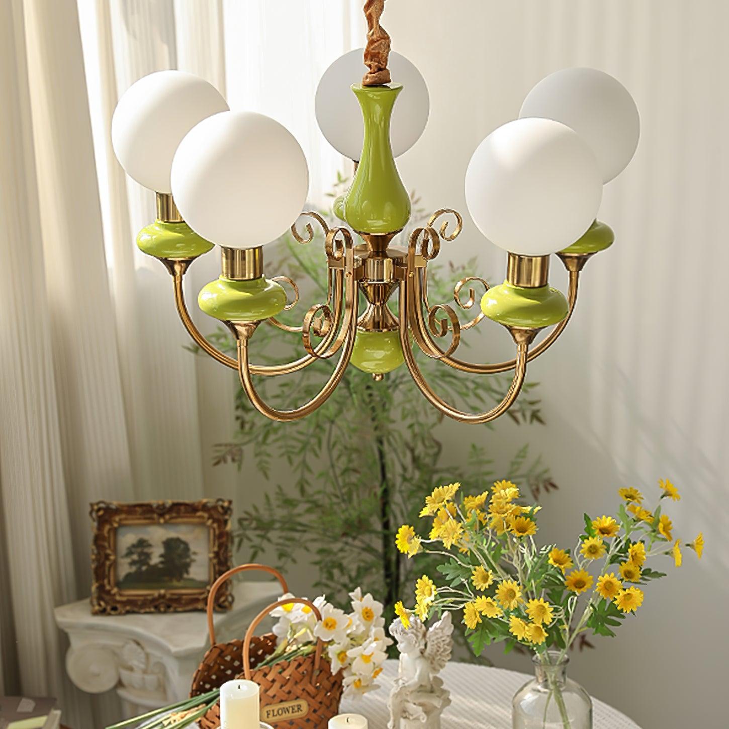 Chandelier with Green Glass Shades and Gold or Black Finish | Luxury Pendant Lamp in 3, 5 or 8 Light Points - Lamylie