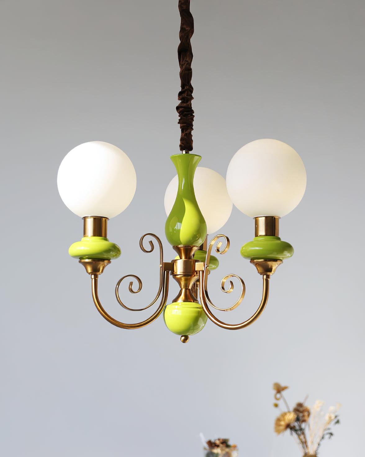 Chandelier with Green Glass Shades and Gold or Black Finish | Luxury Pendant Lamp in 3, 5 or 8 Light Points - Lamylie