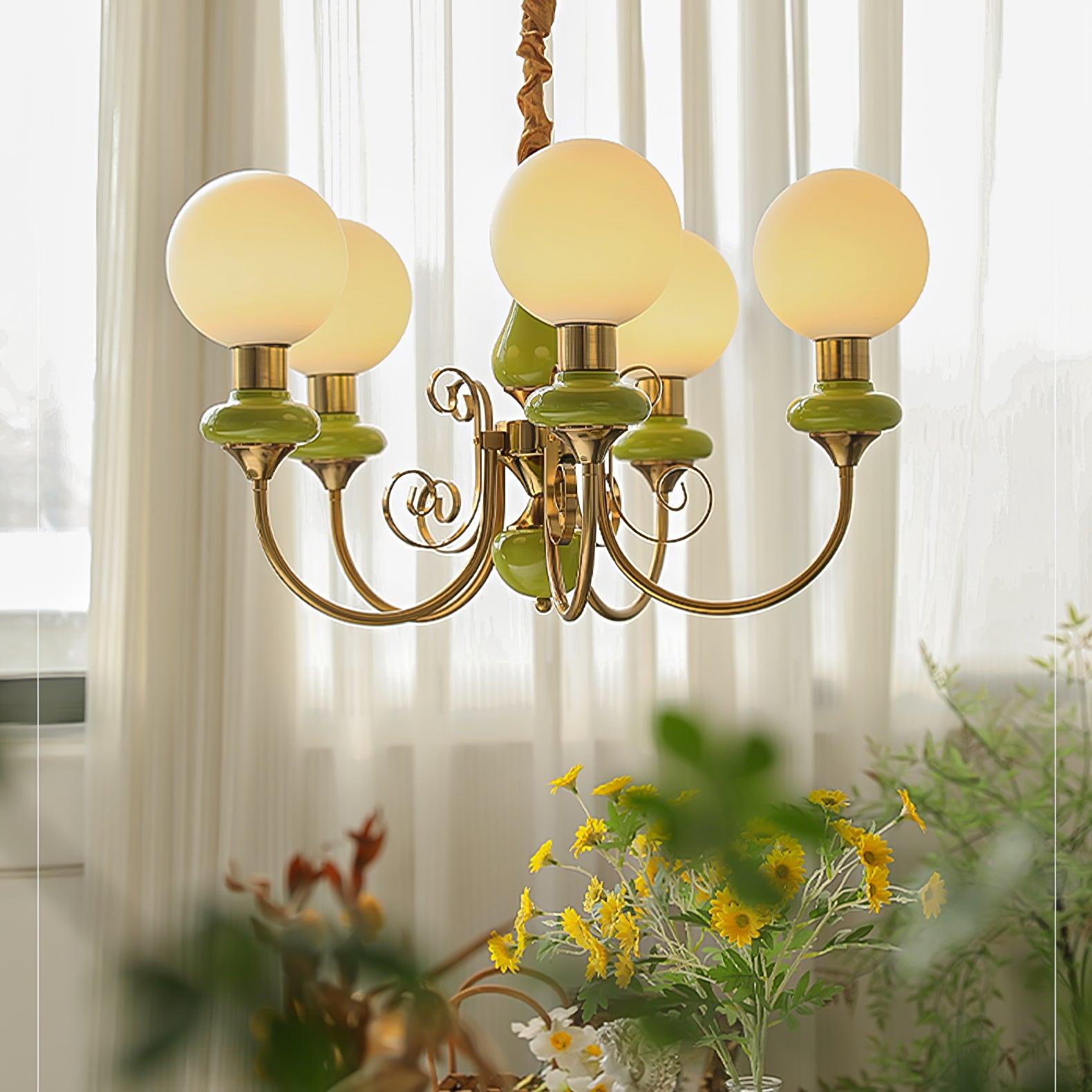 Chandelier with Green Glass Shades and Gold or Black Finish | Luxury Pendant Lamp in 3, 5 or 8 Light Points - Lamylie