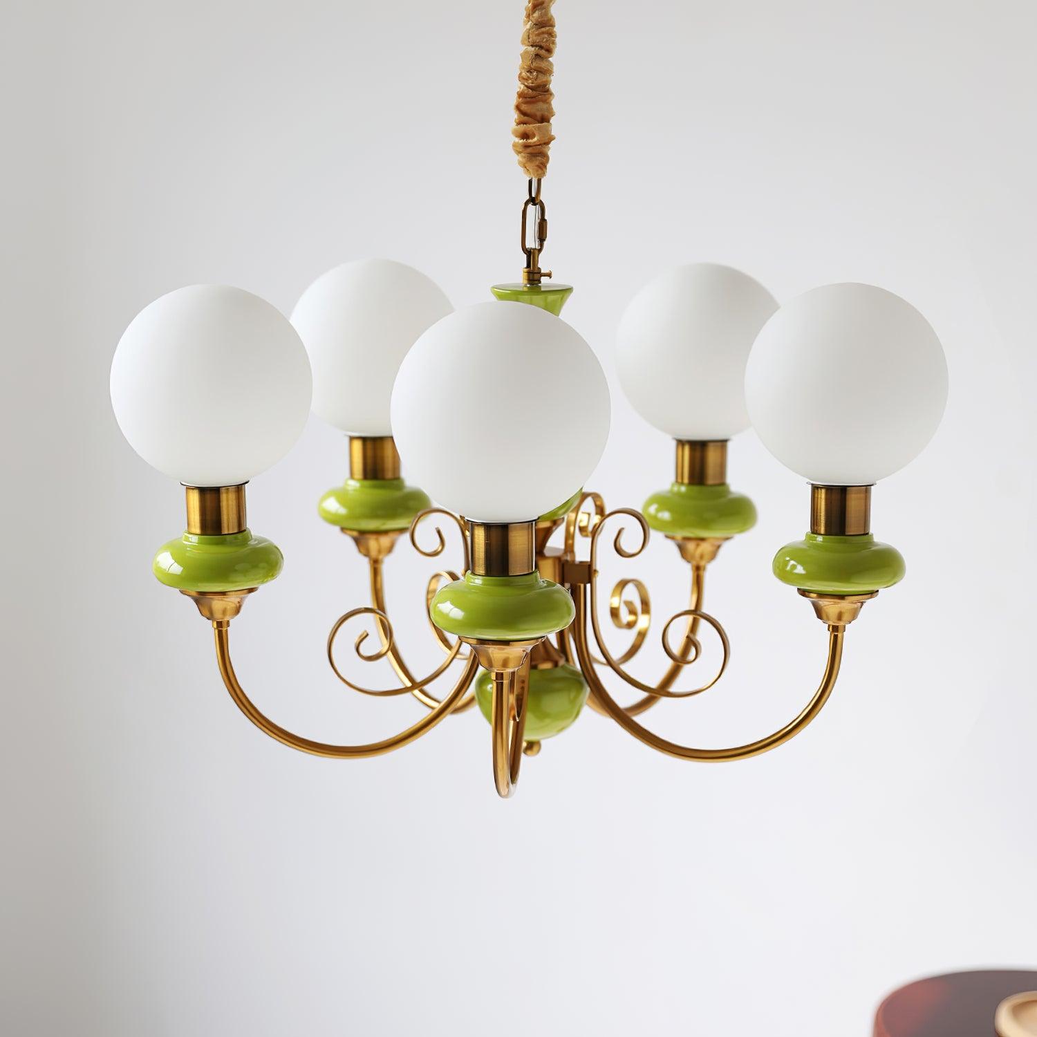 Chandelier with Green Glass Shades and Gold or Black Finish | Luxury Pendant Lamp in 3, 5 or 8 Light Points - Lamylie