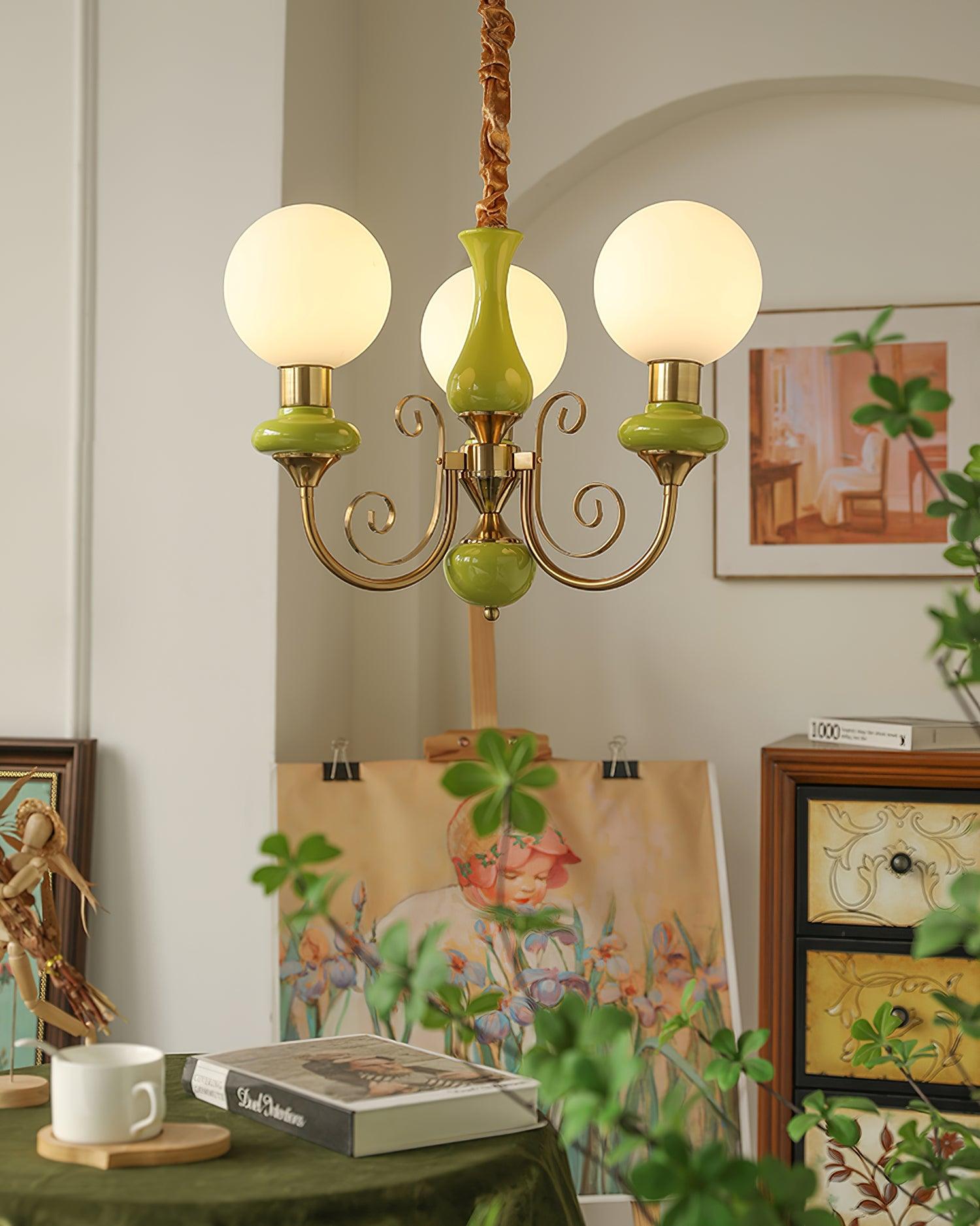 Chandelier with Green Glass Shades and Gold or Black Finish | Luxury Pendant Lamp in 3, 5 or 8 Light Points - Lamylie