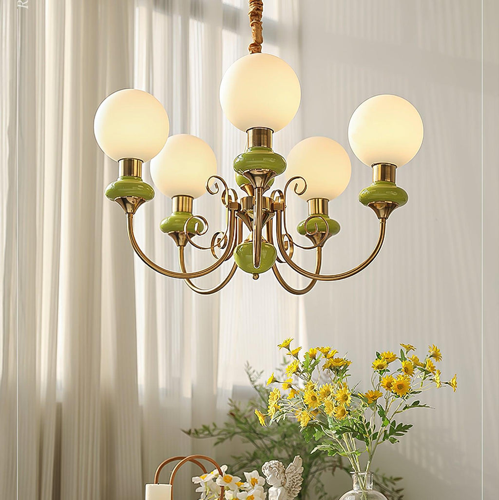 Chandelier with Green Glass Shades and Gold or Black Finish | Luxury Pendant Lamp in 3, 5 or 8 Light Points - Lamylie