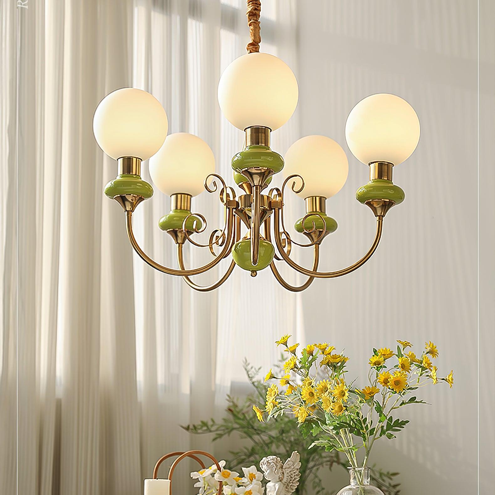 Chandelier with Green Glass Shades and Gold or Black Finish | Luxury Pendant Lamp in 3, 5 or 8 Light Points - Lamylie