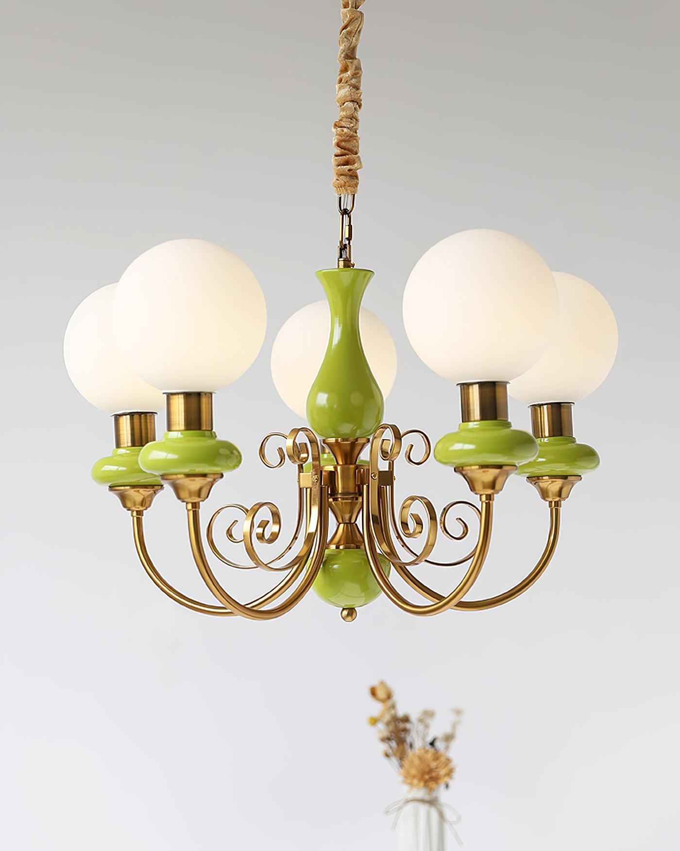 Chandelier with Green Glass Shades and Gold or Black Finish | Luxury Pendant Lamp in 3, 5 or 8 Light Points - Lamylie