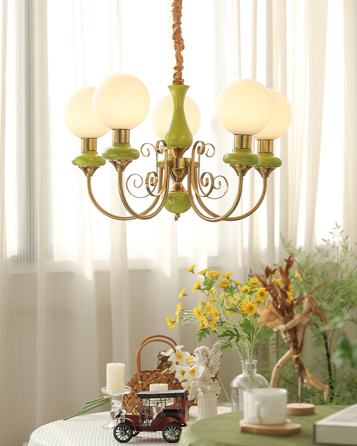 Chandelier with Green Glass Shades and Gold or Black Finish | Luxury Pendant Lamp in 3, 5 or 8 Light Points - Lamylie