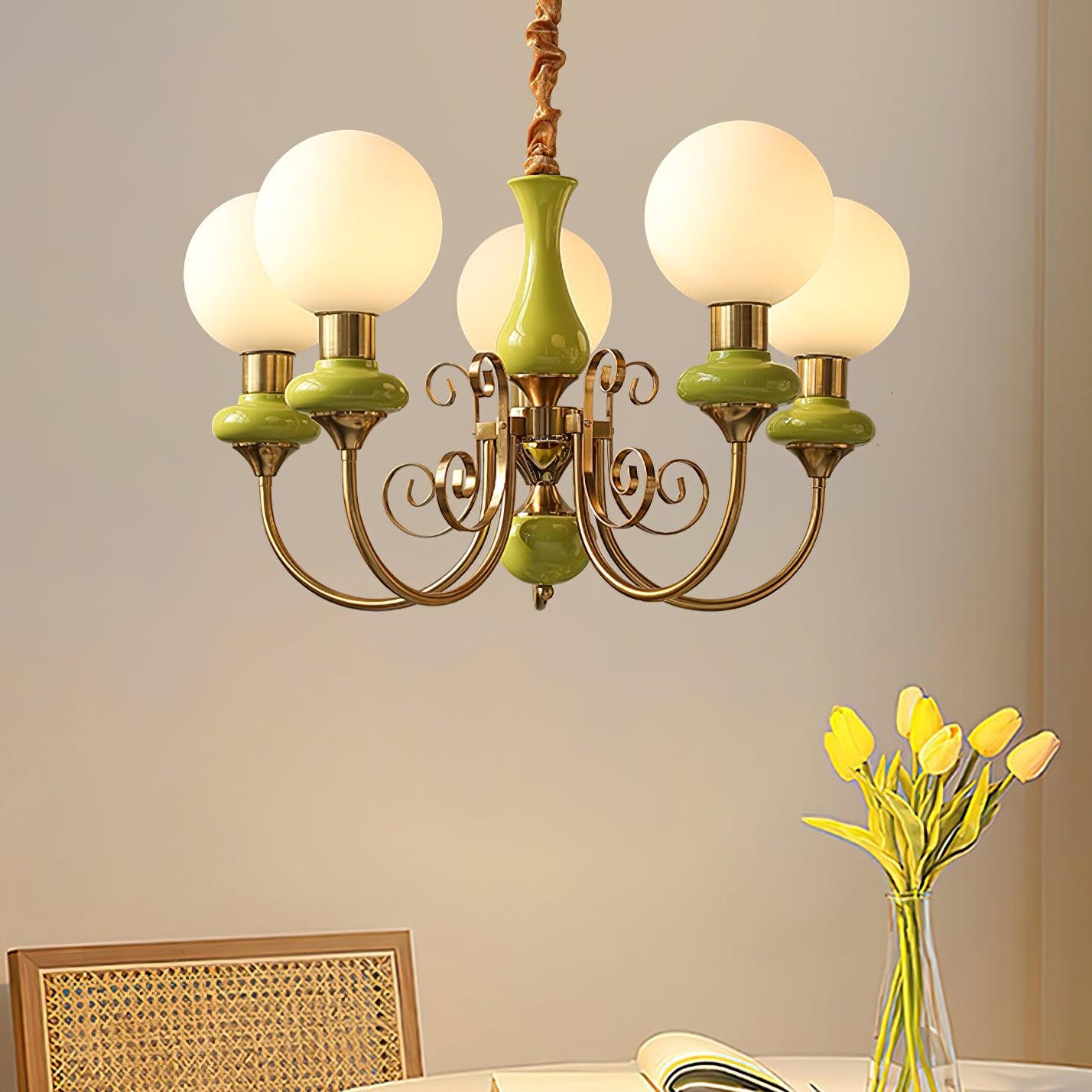 Chandelier with Green Glass Shades and Gold or Black Finish | Luxury Pendant Lamp in 3, 5 or 8 Light Points - Lamylie