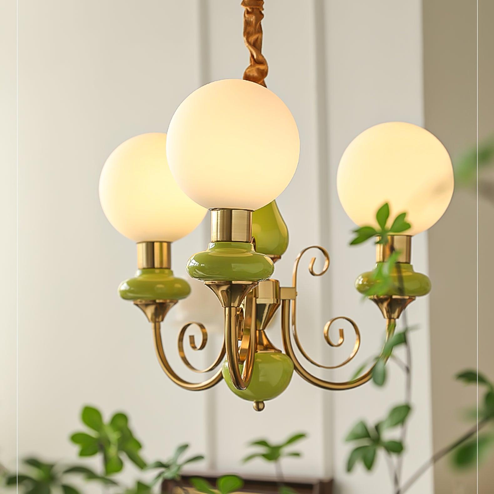 Chandelier with Green Glass Shades and Gold or Black Finish | Luxury Pendant Lamp in 3, 5 or 8 Light Points - Lamylie
