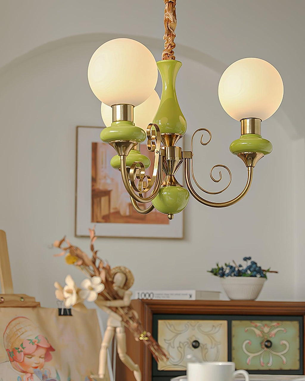 Chandelier with Green Glass Shades and Gold or Black Finish | Luxury Pendant Lamp in 3, 5 or 8 Light Points - Lamylie