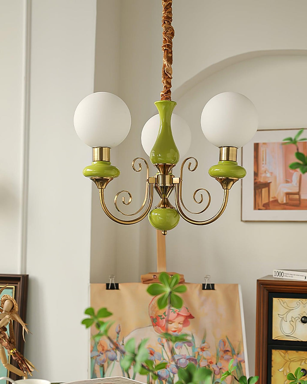 Chandelier with Green Glass Shades and Gold or Black Finish | Luxury Pendant Lamp in 3, 5 or 8 Light Points - Lamylie