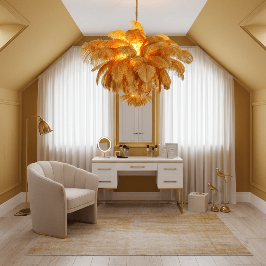 Feder-Kronleuchter 56 Handcolorierte Federn Messingfassung Gold Silber Hollywood Glamour Statement-Beleuchtung - Lamylie