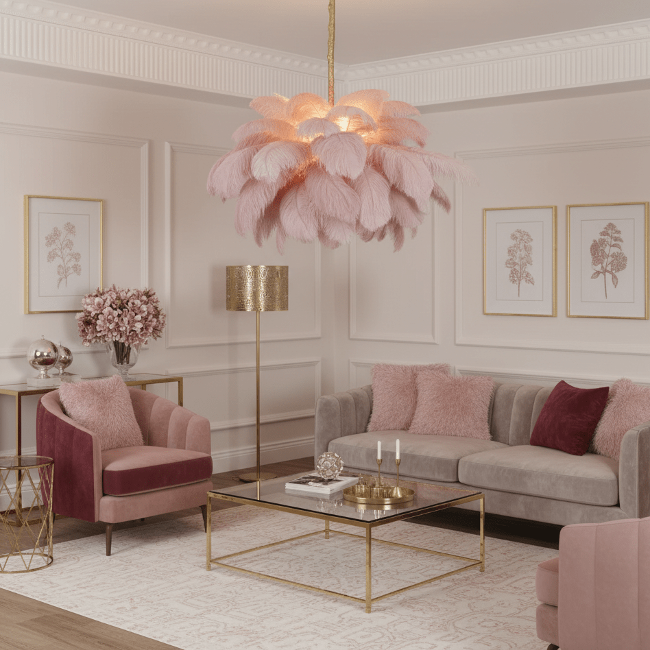 Feder-Kronleuchter 56 Handcolorierte Federn Messingfassung Gold Silber Hollywood Glamour Statement-Beleuchtung - Lamylie