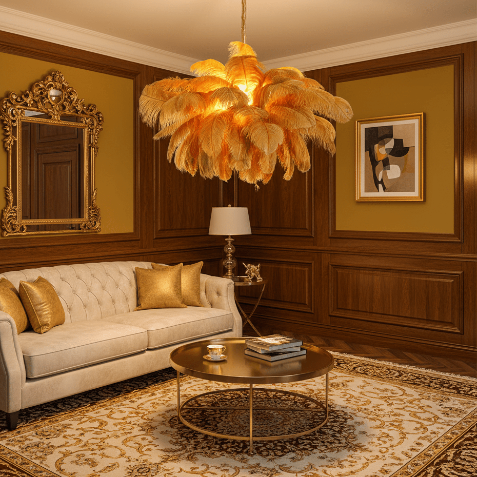 Feder-Kronleuchter 56 Handcolorierte Federn Messingfassung Gold Silber Hollywood Glamour Statement-Beleuchtung - Lamylie