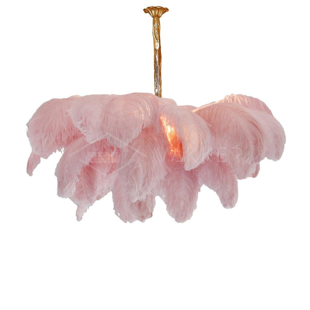 Feder-Kronleuchter 56 Handcolorierte Federn Messingfassung Gold Silber Hollywood Glamour Statement-Beleuchtung - Lamylie