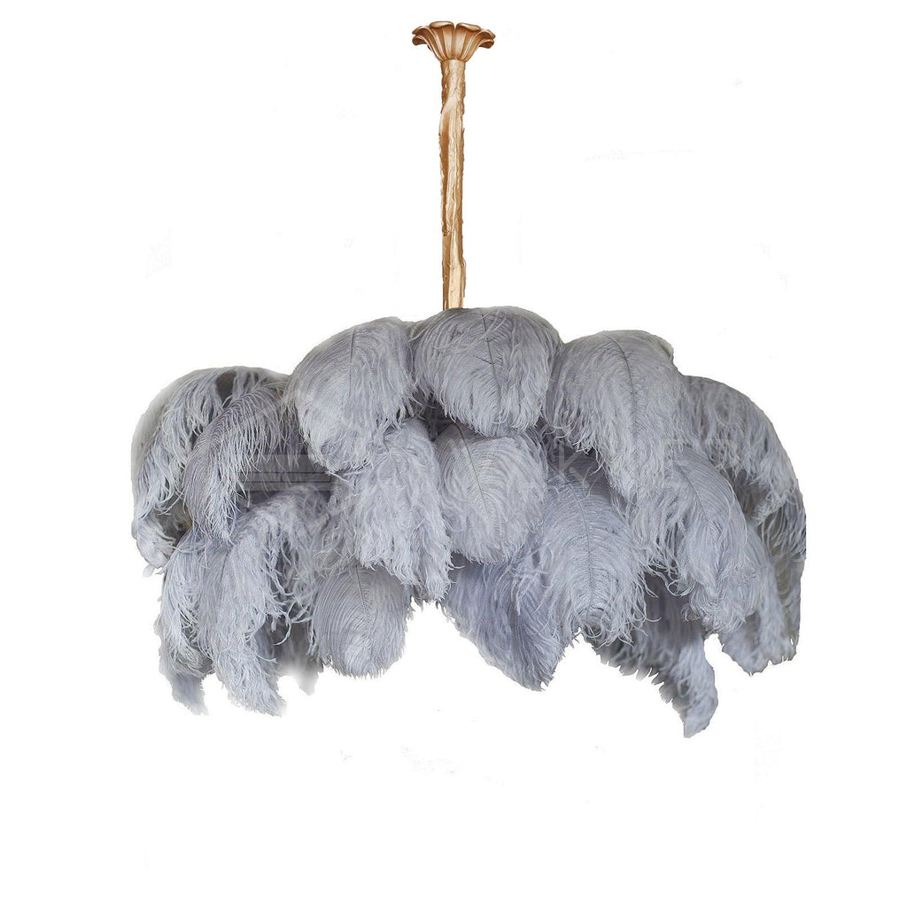 Feder-Kronleuchter 56 Handcolorierte Federn Messingfassung Gold Silber Hollywood Glamour Statement-Beleuchtung - Lamylie