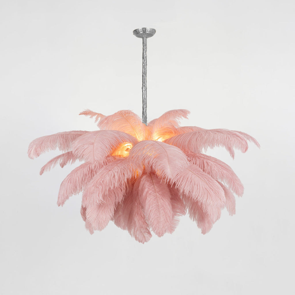 Feder-Kronleuchter 56 Handcolorierte Federn Messingfassung Gold Silber Hollywood Glamour Statement-Beleuchtung - Lamylie